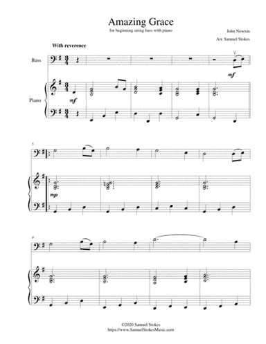 Amazing Grace - for beginning string bass with optional piano accompaniment (arr. Samuel Stokes)