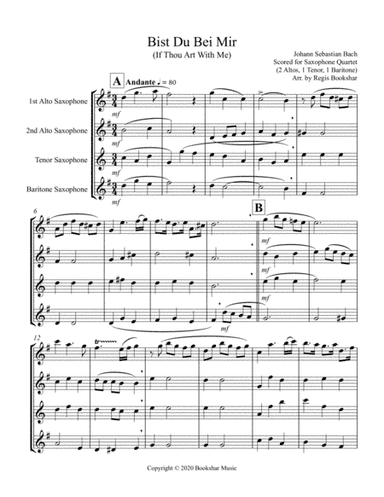 Bist Du Bei Mir (Bb) (Saxophone Quartet - 2 Alto, 1 Tenor, 1 Baritone) (arr. Regis Bookshar)