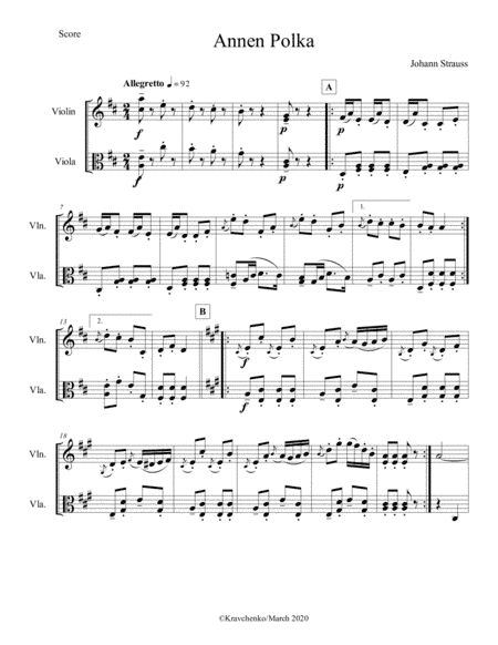 Johann Strauss II - Annen-Polka Op.117, for string duo (arr. Julia Samarska)