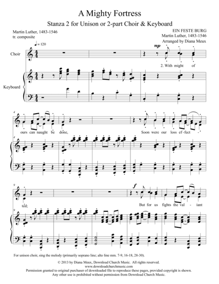 A Mighty Fortress - Hymn stanza #2 (Unison or 2-part choir and keyboard) (arr. Diana Meux)