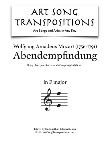 MOZART: Abendempfindung, K. 523 (transposed to F major) (arr. ArtSongTranspositions.com)