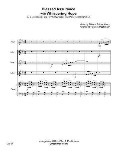 BLESSED ASSURANCE with WHISPERING HOPE - 3 Violins & Flute with Piano Accompaniment (arr. Glen Poehlmann)