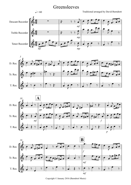 Greensleeves for Recorder Trio (arr. David Burndrett)