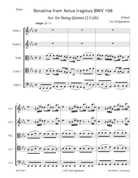 Bach: Sonatina from Actus tragicus; Cantata BWV 106 arr. for 2-Celli String Quintet (arr. D Oppenheim)