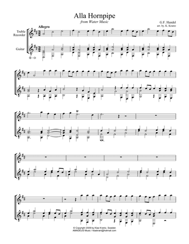 Alla Hornpipe from Water Music for treble recorder and guitar (arr. K. Krantz)