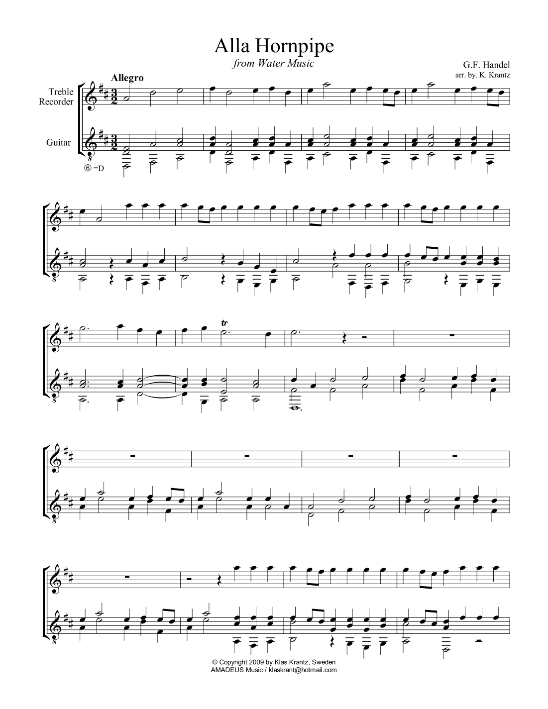 Alla Hornpipe from Water Music for treble recorder and guitar (arr. K. Krantz)