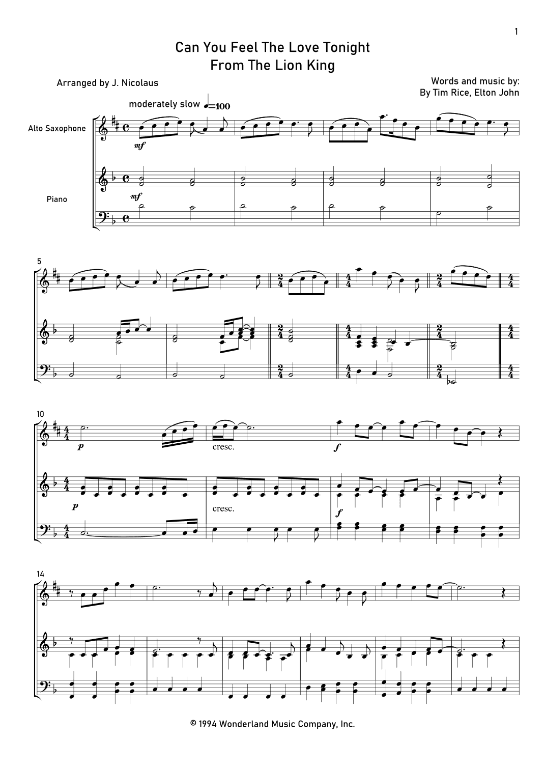 Can You Feel The Love Tonight (arr. John Nicolaus)