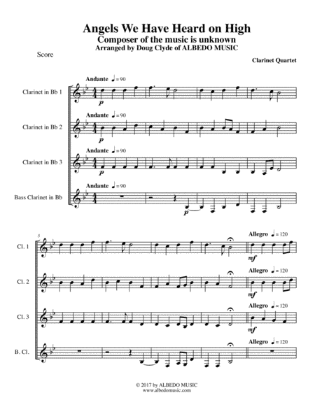 Angels We Have Heard on High for Clarinet Quartet (arr. Doug Clyde)