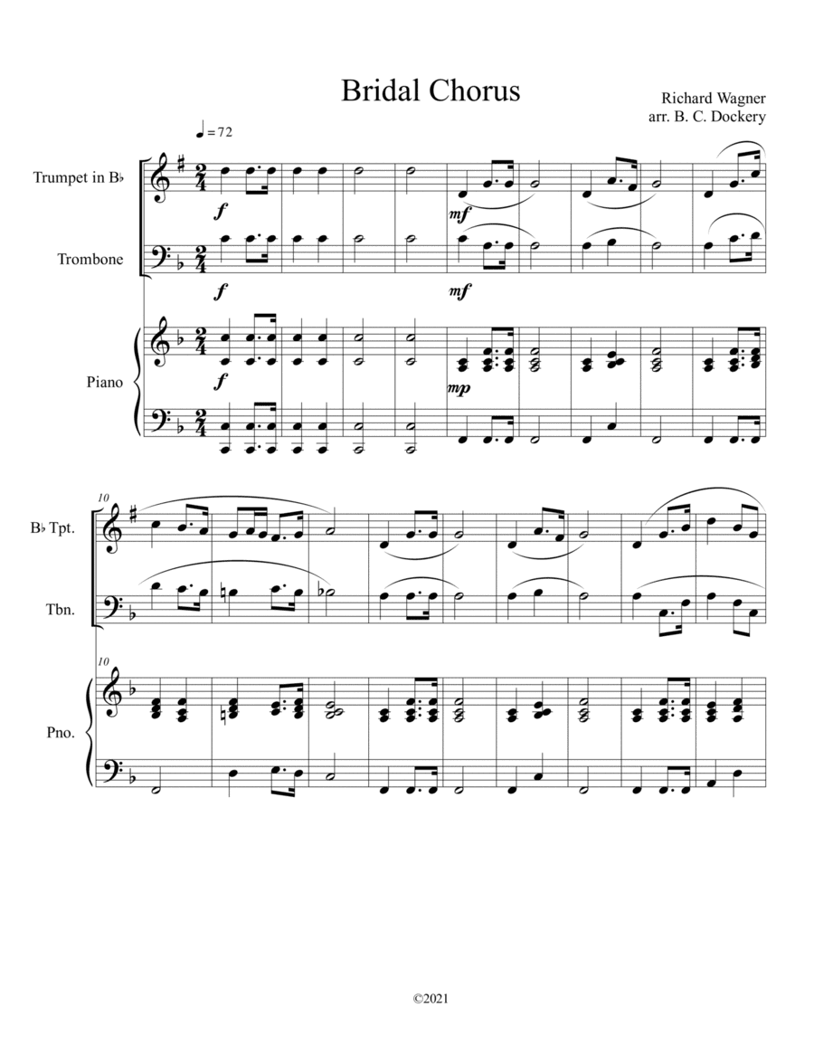 Bridal Chorus (Here Comes the Bride) for Trumpet and Trombone Duet with Piano Accompaniment (arr. B. C. Dockery)
