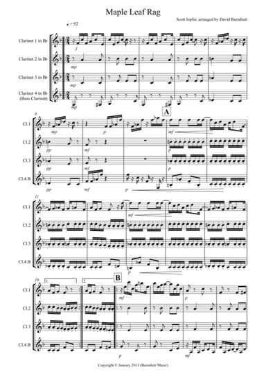 Maple Leaf Rag for Clarinet Quartet (arr. David Burndrett)