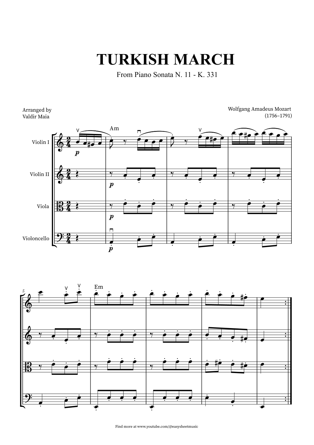 Turkish March - String Quartet + CHORDS (arr. Valdir Maia)