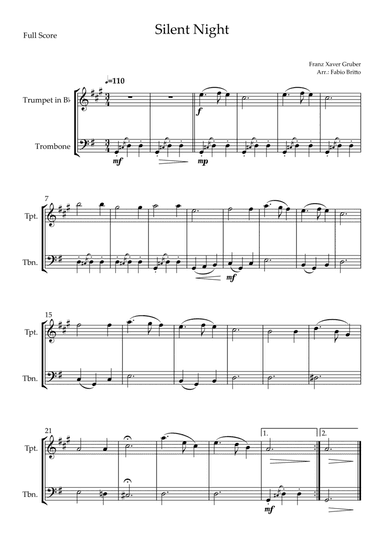 Silent Night (Christmas Song) for Trumpet in Bb & Trl b Duo (arr. Fabio Britto)