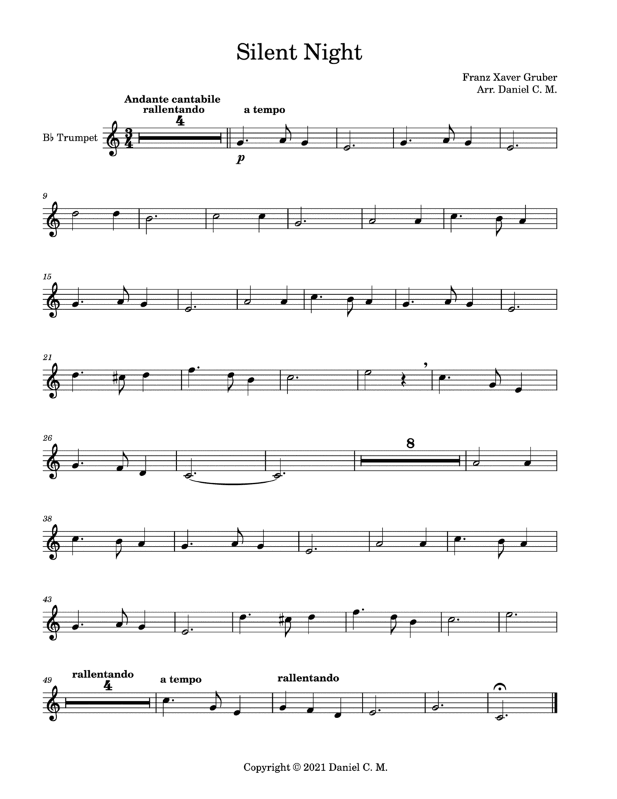 Silent Night for Bb trumpet and piano (easy) (arr. Daniel C. M.)