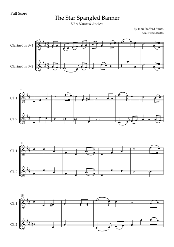 The Star Spangled Banner (USA National Anthem) for Clarinet in Bb Duo (arr. Fabio Britto)