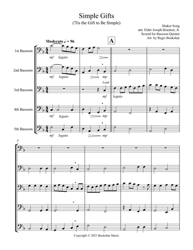 Simple Gifts ('Tis the Gift to Be Simple) (F) (Bassoon Quintet) (arr. Regis Bookshar)