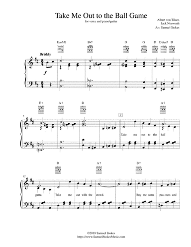 Take Me Out to the Ball Game - for piano/vocal with optional guitar (Key of D) (arr. Samuel Stokes)