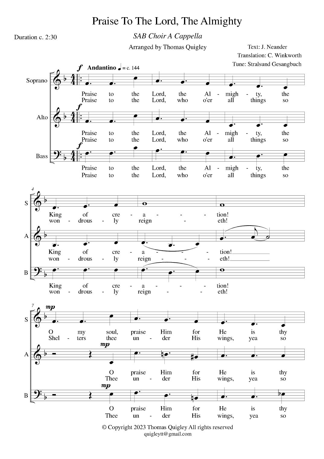 Praise To The Lord, The Almighty (SAB A Cappella) (arr. Thomas Quigley)