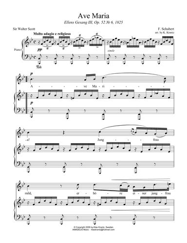 Ave Maria (Schubert) for voice and easy piano (Bb Major) (arr. K. Krantz)