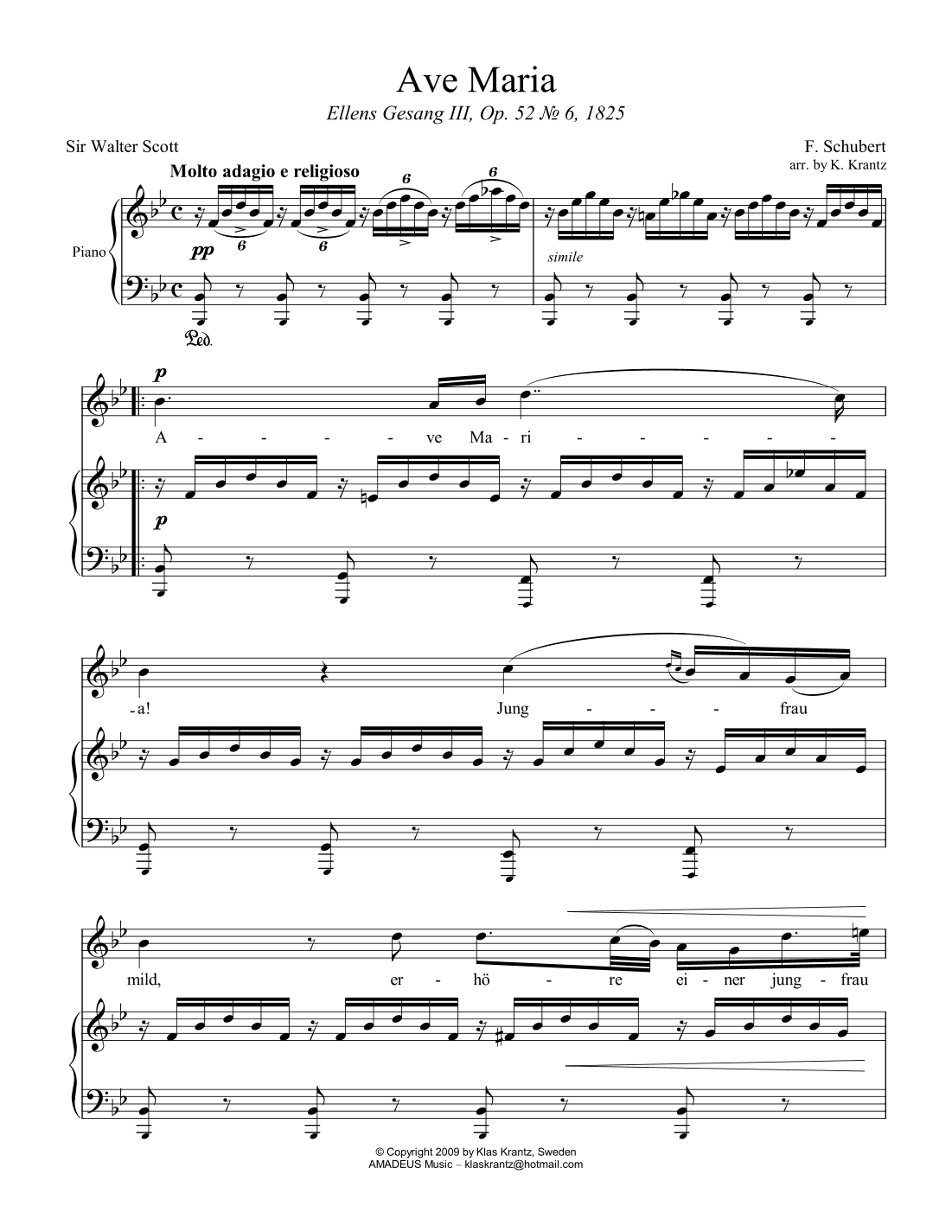 Ave Maria (Schubert) for voice and easy piano (Bb Major) (arr. K. Krantz)