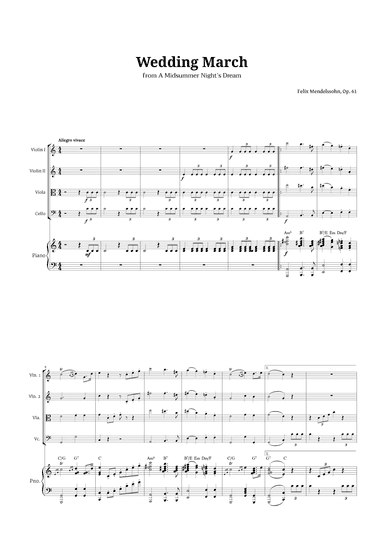 Wedding March by Mendelssohn for String Quartet and Piano with Chords (arr. Langanho)