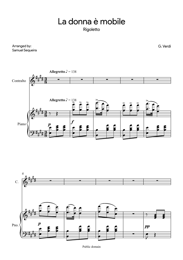 La donna è mobile - for Contralto - in E (arr. Samuel Sequeira)