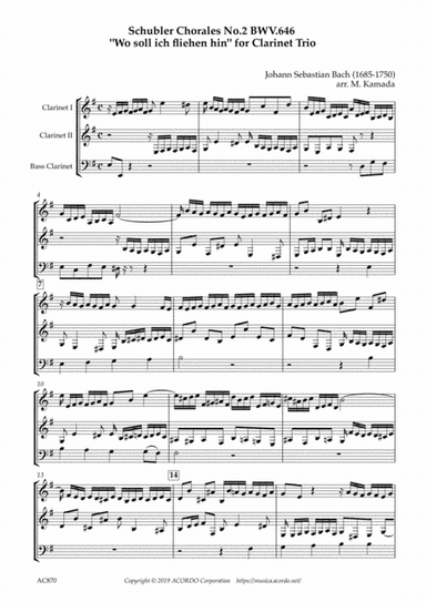 Six Schubler Chorales No.2 BWV.646 "Wo soll ich fliehen hin" for Clarinet Trio (arr. Kamada, Mikio)
