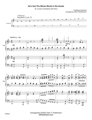 HE'S GOT THE WHOLE WORLD IN HIS HANDS - 3 Octave Handbells with Piano (Grade 3 & 3+) (arr. Glen Poehlmann)