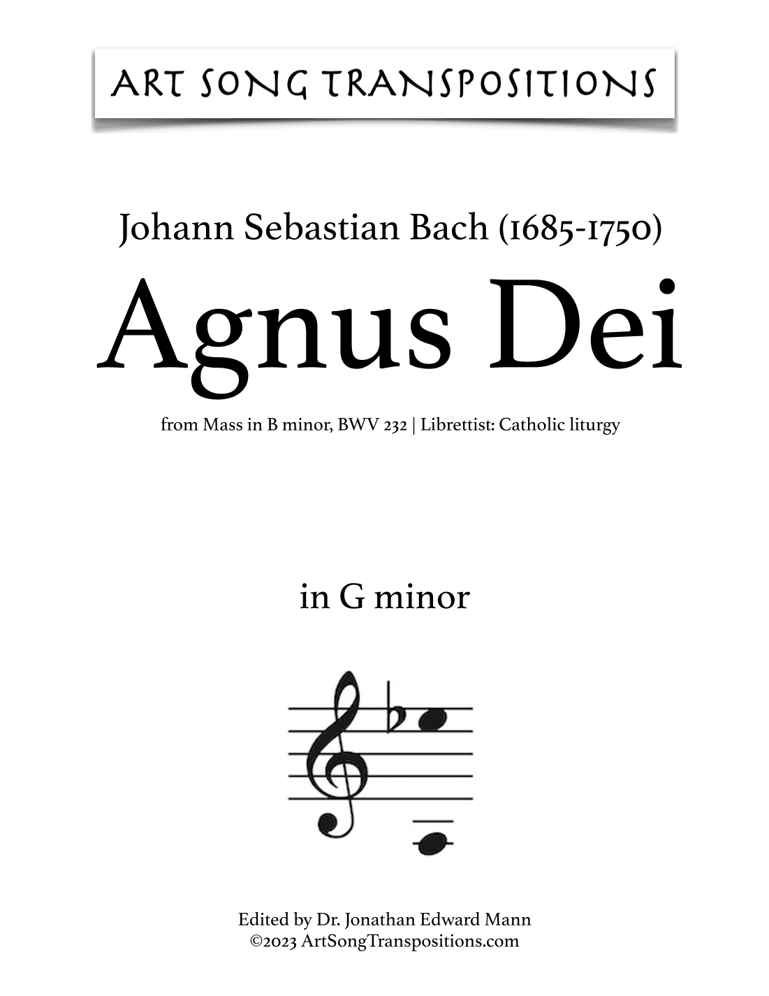 BACH: Agnus Dei (transposed to G minor) (arr. ArtSongTranspositions.com)