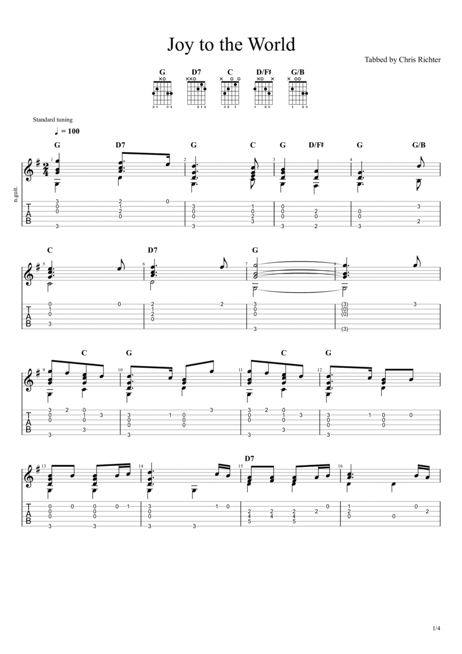 Joy to the World! (Solo Fingerstyle Guitar Tab) (arr. Chris Richter)