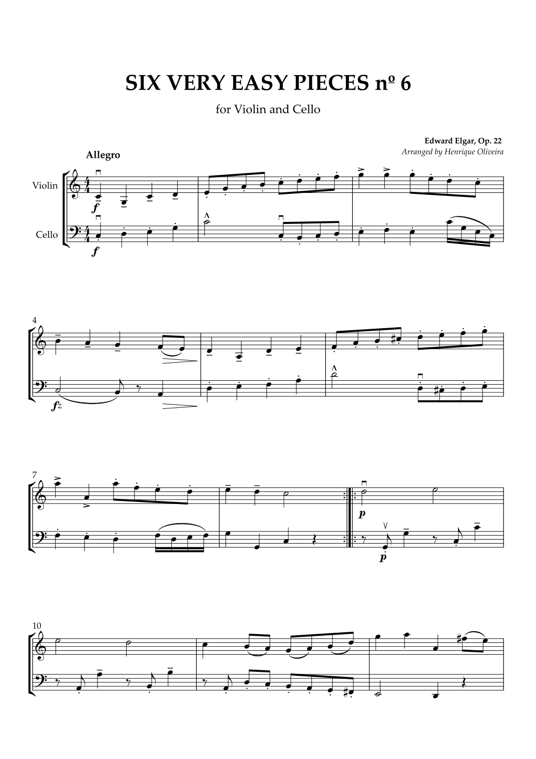 Six Very Easy Pieces nº 6 (Allegro) - Violin and Cello (arr. Henrique Oliveira)