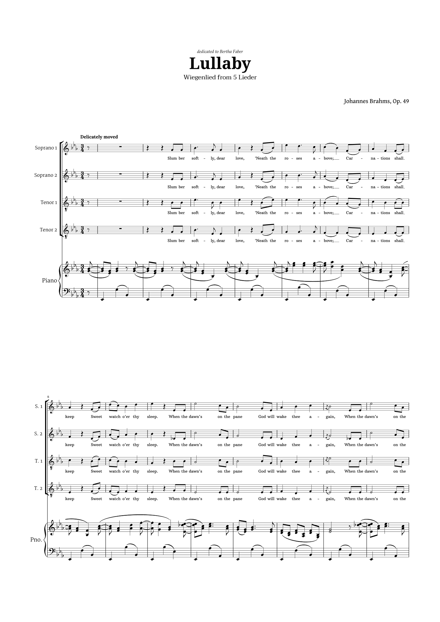 Lullaby by Brahms for SSTT Choir and Piano (arr. Langanho)