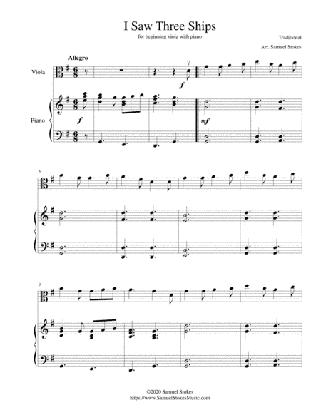 I Saw Three Ships - for beginning viola with optional piano accompaniment (arr. Samuel Stokes)