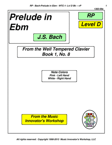 Bach - Prelude in Eb Minor - WTC-1, No. 8 - (Key Map Tablature) (arr. John M. Honeycutt)