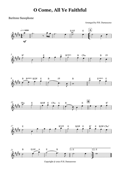 O Come, All Ye Faithful - Baritone Saxophone Solo with Chords (arr. P.H. Damasceno)