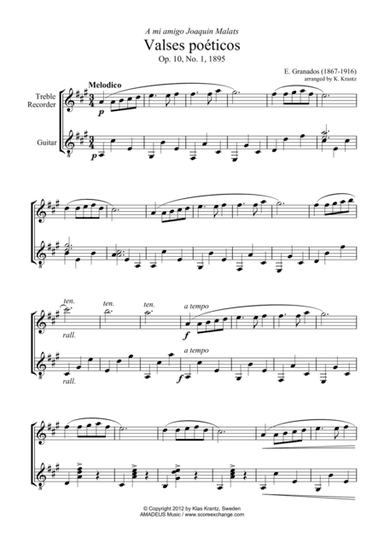 Valses poeticos Op. 10,  No. 1 for treble recorder and guitar (arr. K. Krantz)