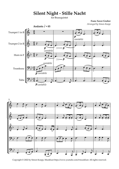 Silent Night, Holy Night (Stille Nacht, heilige Nacht) for Brassquintet (arr. Simon Koepp)