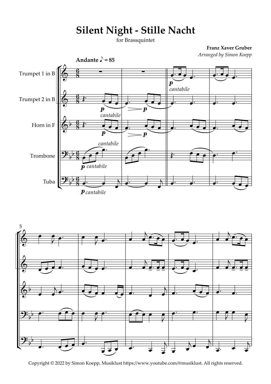 Silent Night, Holy Night (Stille Nacht, heilige Nacht) for Brassquintet (arr. Simon Koepp)