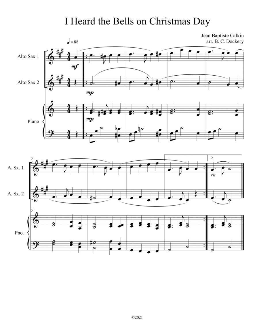 I Heard the Bells on Christmas Day (Alto Sax Duet) with optional piano accompaniment (arr. B. C. Dockery)