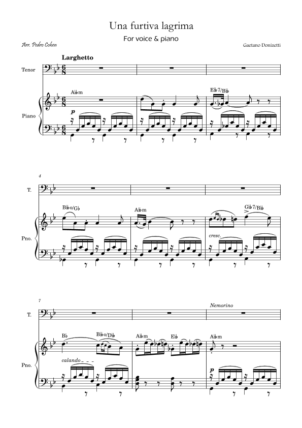 Una Furtiva Lagrima (Tenor in Gm) (arr. Pedro Cohen)