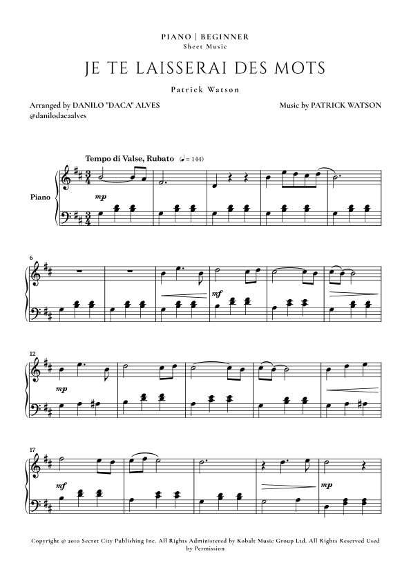 Je Te Laisserai Des Mots (arr. Danilo "Daca" Alves)