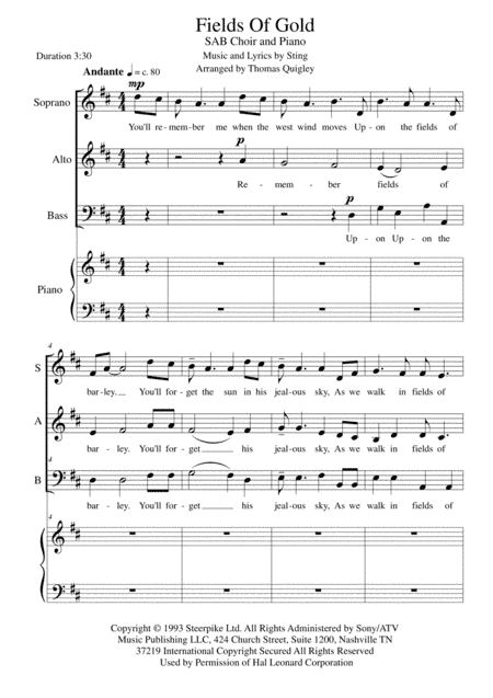 Fields Of Gold (arr. Thomas Quigley)