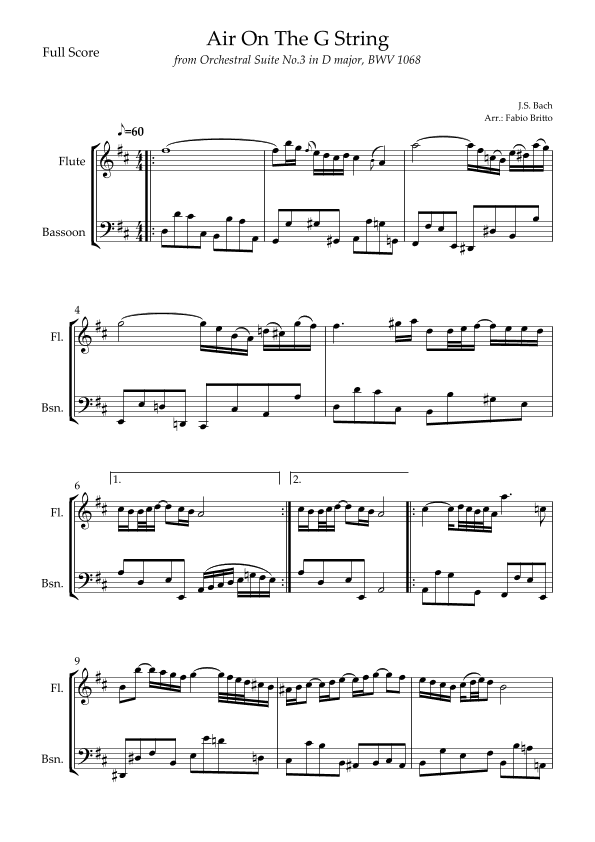 Air On The G String (J.S. Bach) for Flute & Bassoon Duo (arr. Fabio Britto)