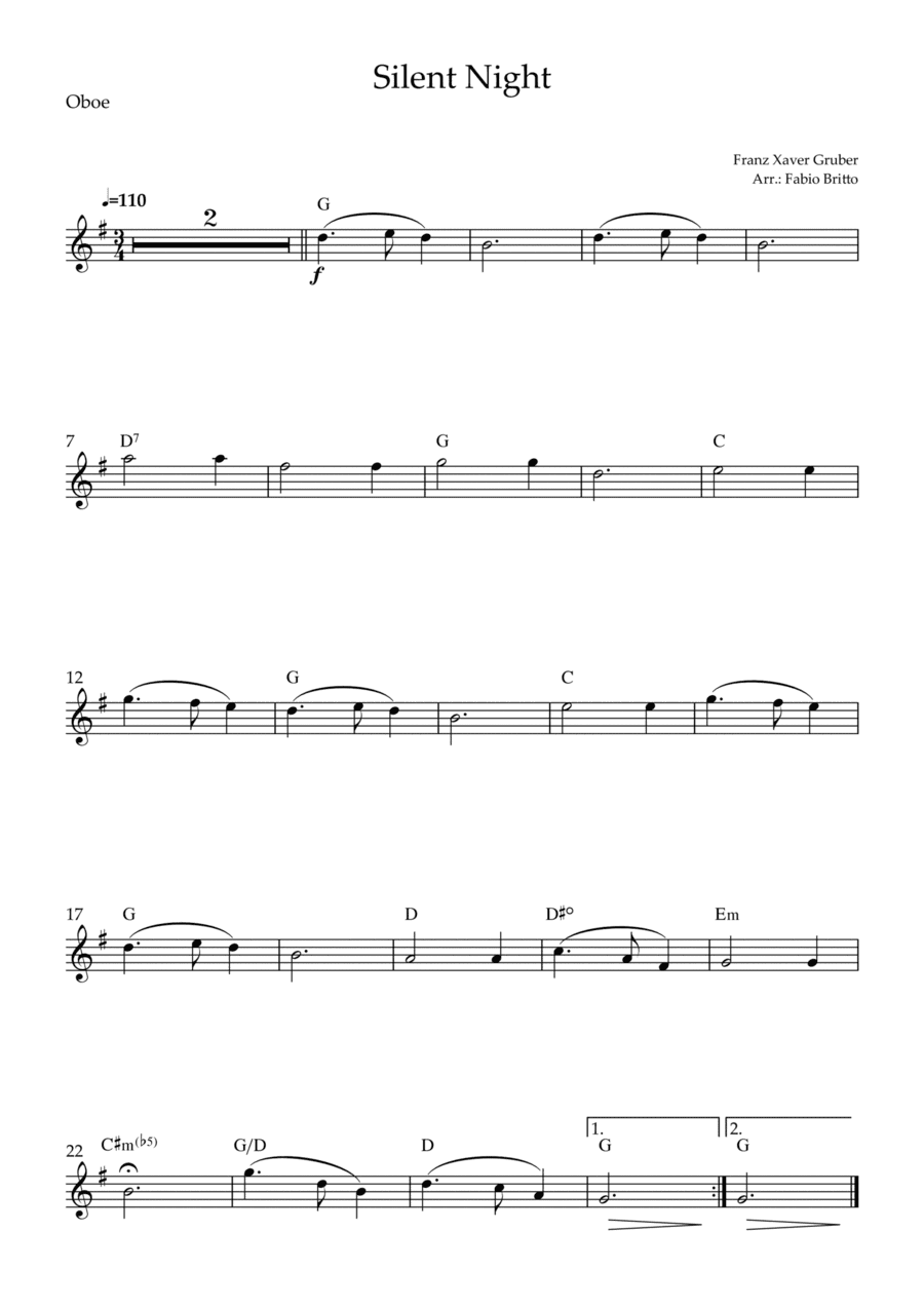 Silent Night (Christmas Song) for Oboe Solo with Chords (arr. Fabio Britto)