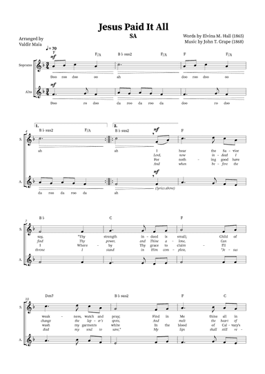 Jesus Paid It All - Soprano and Alto Duet (with Chords) (arr. Valdir Maia)