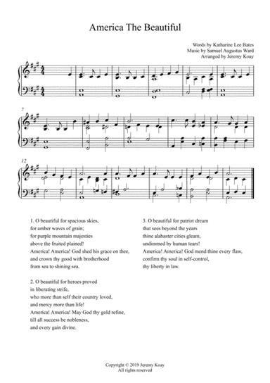 America The Beautiful (Solo Piano/Piano Accompaniment - Intermediate) (arr. Jeremy Koay)