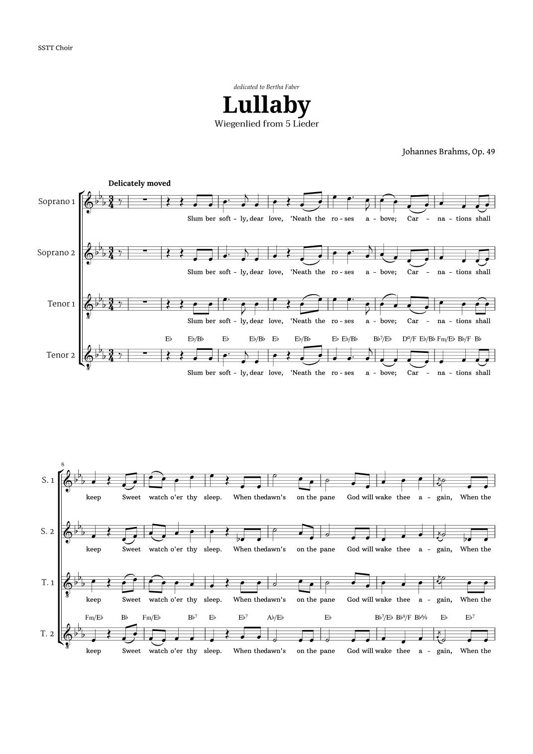 Lullaby by Brahms for SSTT Choir (arr. Langanho)