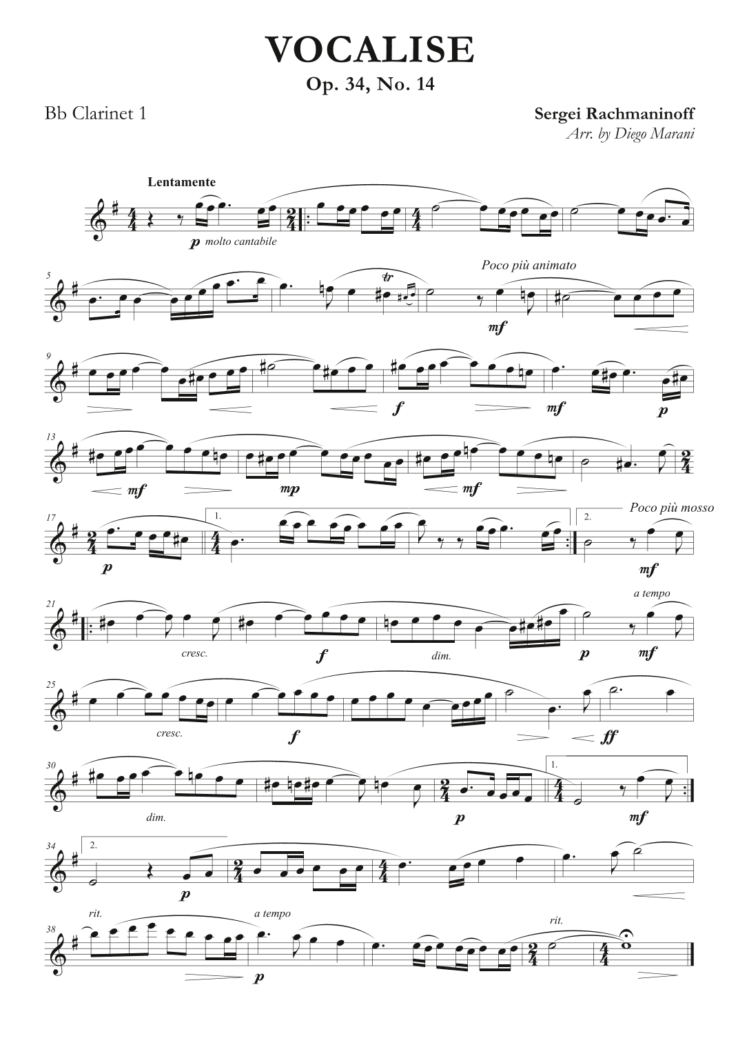 Vocalise for Clarinet Quartet (arr. Diego Marani)