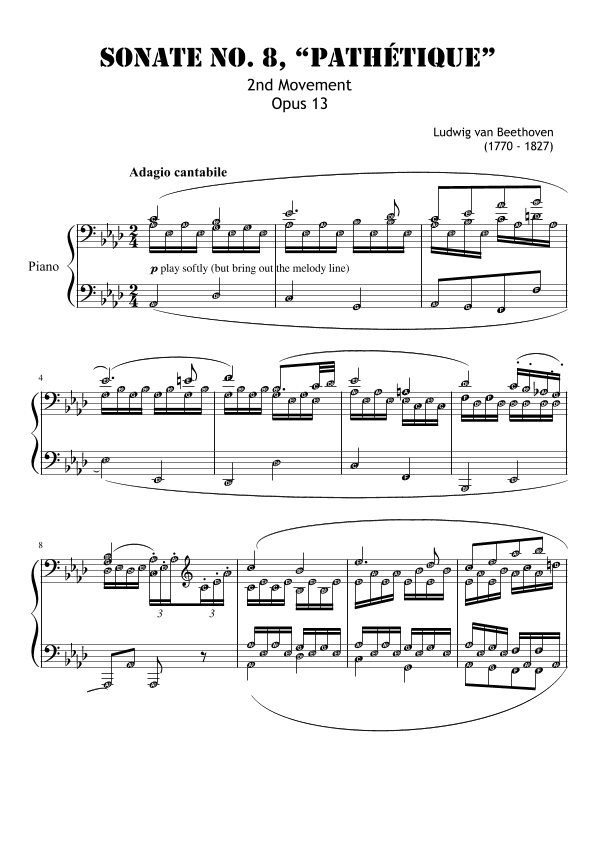 Sonata No. 8 Op. 13 Pathetique 2ND MOVEMENT only Beethoven - Self Learning Series (arr. Published Harmony)