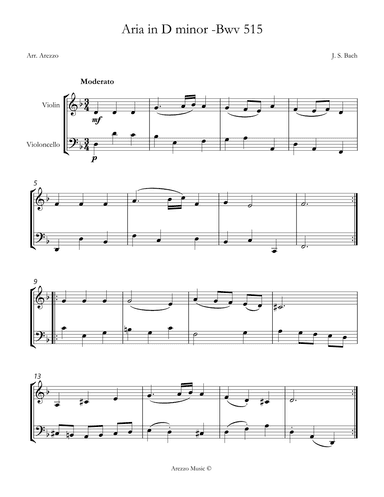 Aria D minor BWV 515 Violin and Cello Sheet Music (arr. Arezzo Music)