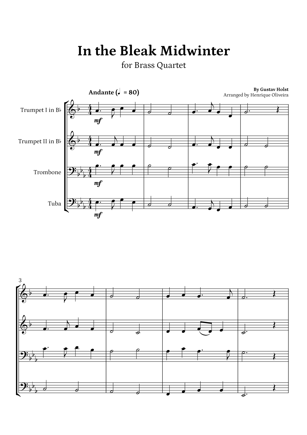 In the Bleak Midwinter (Brass Quartet) - Beginner Level (arr. Henrique Oliveira)